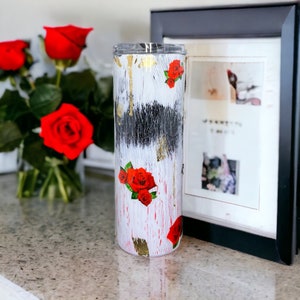 Stunning Black and White Tumbler with Rose Decals and Gold Leaf Accents