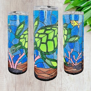 Sparkling Sea Turtle Tumbler - Glittery 20oz Skinny Cup - Underwater Delight - Stained Glass Design - Perfect Gift