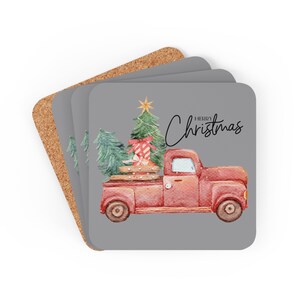 Conjunto de porta-copos de madeira de cortiça para festas: caminhonete de Natal com árvores e presentes