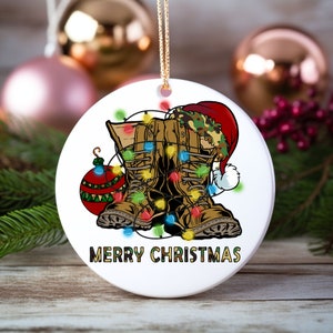 Ceramic Christmas Ornament, Military themed Christmas Ornament, Military Boots and Santa Hat Ornament, Gift for Military Family
