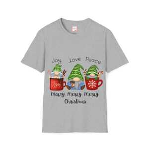 Christmas Gnomes in Mugs T-Shirt, Joy Love Peace Merry Merry Merry Christmas