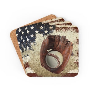 Patriotic Flag and Baseball Corkwood Coaster Set of 4