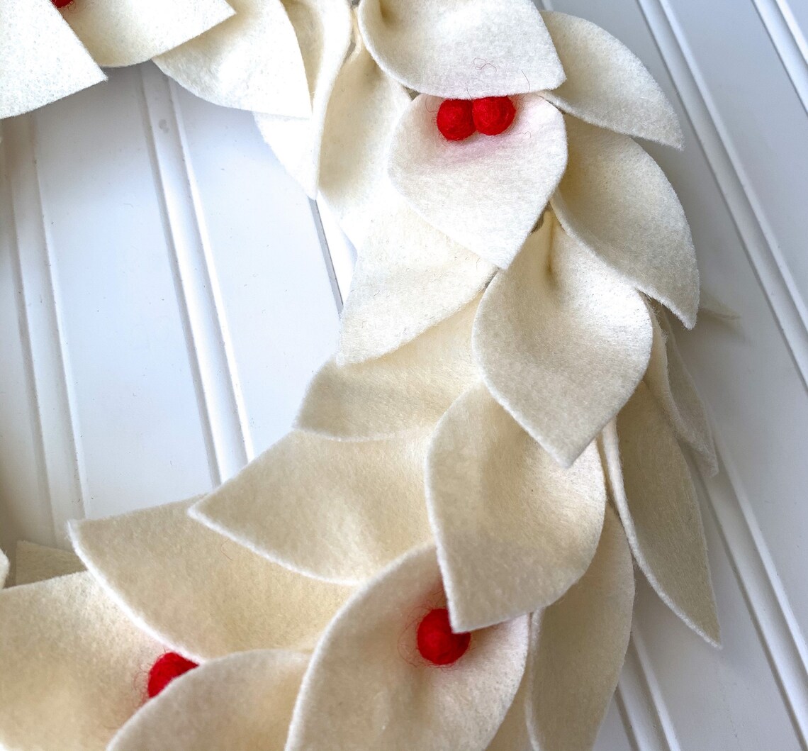 White Felt Leaf Wreath With Red Berries/felt Leaf Wreath for Etsy