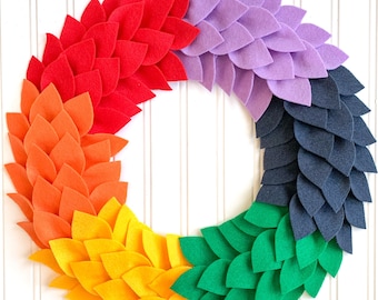 Rainbow Felt Leaf Wreath/Pride Wreath/Rainbow Decor/Color Front Door Wreath/Spring, Summer Wreath/Home Decor for Pride