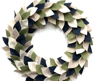 Fall, Spring Green, Cream and Navy Felt Leaf Wreath/Everyday Front Door Wreath/Year Round Wreath/Magnolia Leaf Felt Wreath/Felt Mantle Decor