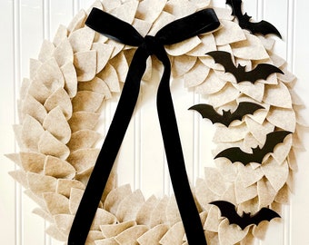 Halloween Felt Leaf Wreath with Black Bats/Halloween Front Door Wreath/Halloween Home Decor/Black and Tan Halloween/Spooky Home/Fall Decor