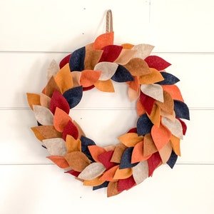 Felt Leaf Fall Wreath Handmade with Felt Leaves for Autumn Front Door or Fall Wall Decor, Fall Wreath with Farmhouse Feel