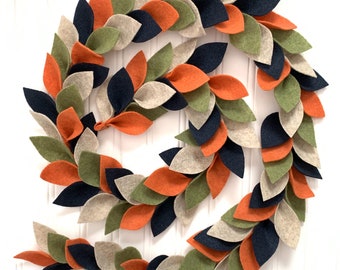 Fall Felt Leaf Garland/Autumn Garland with Navy, Orange, Oatmeal, Green Felt Leaves/Home Decor for Fall/Thanksgiving Mantle Decor/Fall Home