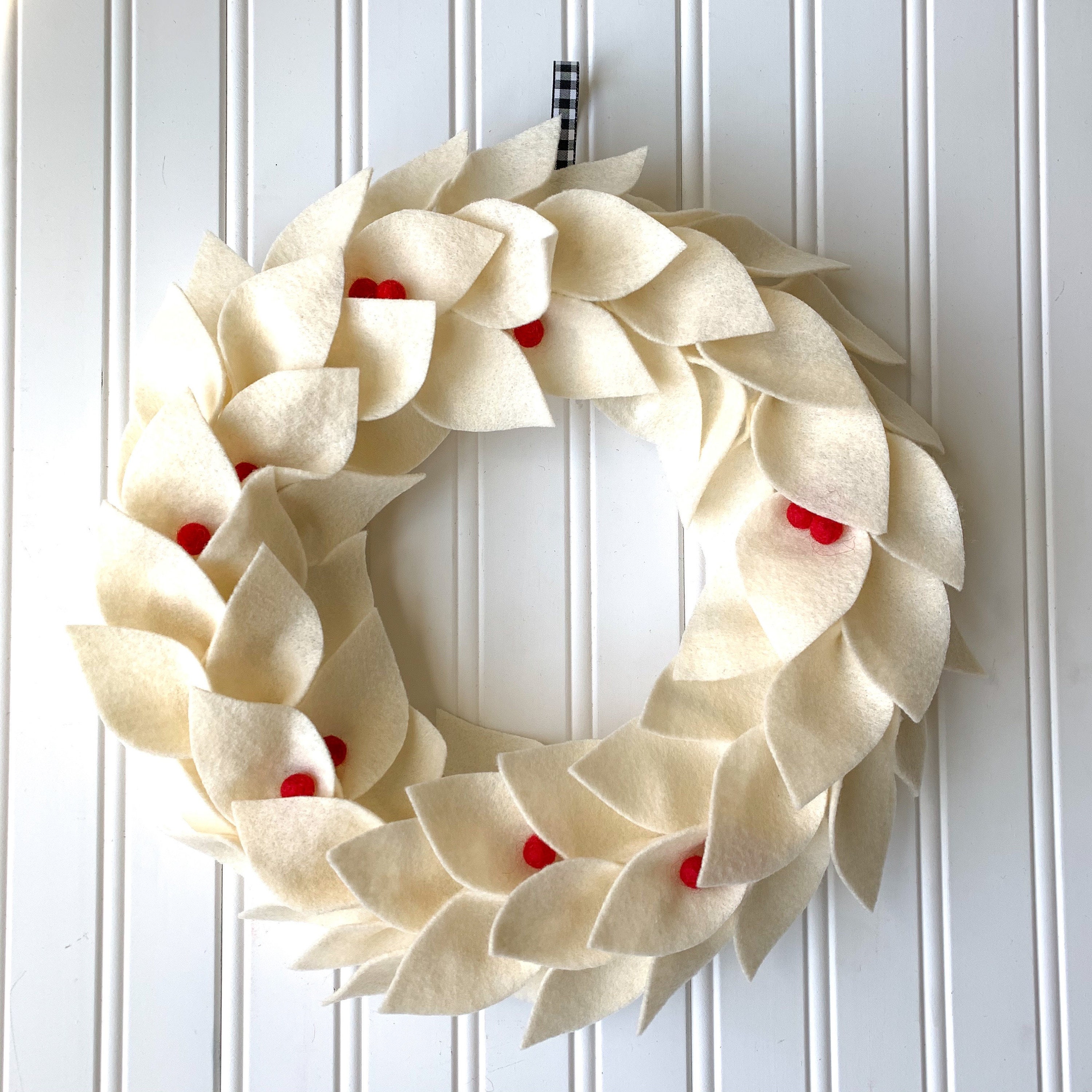 White Felt Leaf Wreath With Red Berries/felt Leaf Wreath for Etsy