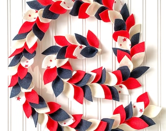 4th of July Felt Leaf Garland/Red White and Blue Garland/Independence Day Decor/Memorial Day Decor/July 4th Mantle/Patriotic Decor