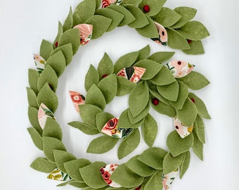 Green and Floral Felt Leaf Garland with Wine Felt Berries/Rifle Paper Company Felt Garland/Christmas Mantle Decor/Valentines Day Home Decor