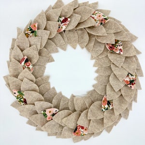 Oatmeal and Floral Print Felt Leaf Wreath for Spring/Rifle Paper Co Felt Wreath/Spring and Summer Front Door Decor/Spring Home Decor