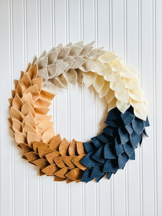 Fall Felt Leaf Wreath with Navy, Copper Brown, Cream, Oatmeal, Tan/Front Door Wreath for Fall/Autumn Home Decor/Fall Home Decor