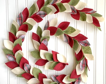 Christmas Felt Leaf Garland with Plaid Leaves/Christmas Garland for Mantel/Home Decor for Christmas/Farmhouse Decor/Christmas Tree Garland