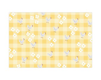 Papier cadeau charmant poulet, papier cadeau style campagnard, papier cadeau floral jaune pour anniversaires, Pâques et plus