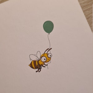 Any occasion card. Bee with a balloon. Blank card. A6 card. Card with envelope. Handmade card. Greeting card. Cute card. Insect card