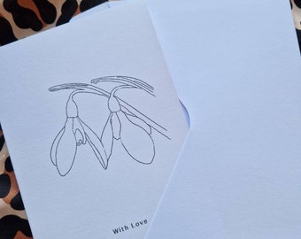 Snödroppeblomkort, svartvitt A6-kort med kärlek