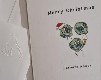 Christmas card, Sprouts about. Brussel sprouts. A6 small Christmas card. Handmade. Celebration card. Free delivery in UK. Card for him/her