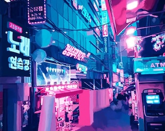 Neon Seoul Cityscape Art Print | Pink and Blue Lofi Wall Decor