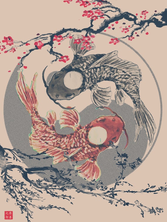 Pisces Zodiac Koi Fish Art Print: Asian Illustration