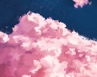 Impresión artística retro de nube rosa / Arte mural de cielo fantástico (giclée)