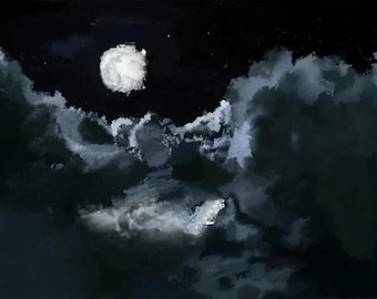 Impresión artística de nubes de medianoche / Decoración de pared con cielo nocturno iluminado por la luna