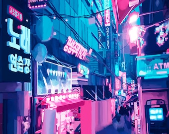 Fondo de pantalla de paisaje urbano de neón para teléfono / Horizonte ciberpunk colorido / Descarga digital para iPhone y Android