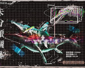 Póster de criatura de las profundidades marinas / Arte mural de monstruo oceánico prehistórico / Lámina de espécimen de archivo de ciencia ficción / Ilustración cyberpunk con fallos técnicos / HX-04