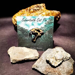 Puede incluir: Un pin de esmalte marrón y negro que representa un cráneo de dientes de sable con un gran colmillo puntiagudo. El pin está en una tarjeta blanca con el texto "Sabertooth Cat Pin" y "HorangiArt Illustration".