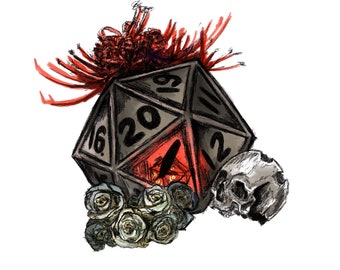 Pegatina gótica de dados D20 / Vinilo de calavera y rosas para juegos de rol / Regalo para jugadores de mesa