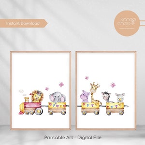 Safari Animals Print, Set of 2 Wall Art, Kids Room Decor, Nursery Baby Animals, Playroom Wall Art, Train Lion Elephant Hippo Giraffe Zebra