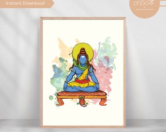 Lord Shiva, Spiritual Print, Hindu Deities, Om Namah Shivaya, Shivji Meditation, Instant Download,Digitally Hand Sketched Watercolor