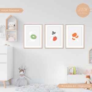 Set Of 3 Prints, Fruits Wall Art, Kids Room Nursery, Educational Wall Art, Kiwi Strawberry Orange Print, Fruits Poster, Printable Wall Art