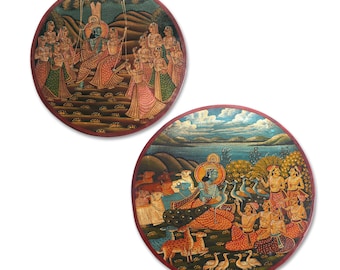 Exquisite Radha Krishna Wooden Art, Set of 2, Handmade Indian Hindu Wall Decor, Spiritual Mythology Gift, Traditional Home Ornament, WallArt