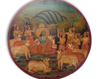 Radha Krishna With Cow Wooden Art, Handmade Indian Wall Decor, Spiritual Mythology Gift, Traditional Home Ornament, Hindu Religion Wall Art
