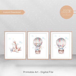 Safari Animals Print, Set of 3 Wall Art, Kids Room Décor, Nursery Baby Animals, Playroom Wall Art, Train Lion Elephant Hippo Giraffe Zebra