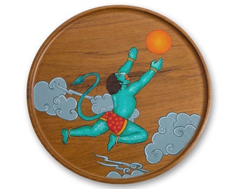 Hanumanji Eating Sun Handmade Wooden Painting, Indian Religious Hindu Wall Art, Spiritual Home Decor, Traditional Mythology Art Gift