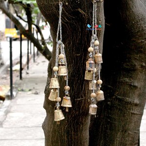 Door Hanger Rustic Witch Bells, 6 Gold Bells and Wooden Beads, Boho Decor Pet Alarm Bells