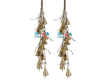 May include: A pair of long, gold-colored earrings with multiple small bells and colorful beads hanging from them. The earrings are labeled "Pack of Two Pieces".
