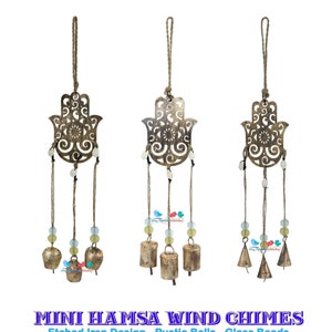Sinos de vaca rústicos Hamsa, sinos de vento, contas de vidro, conchas de cauri, jardim, decoração para casa ao ar livre, mini sino de vento pequeno de ferro gravado