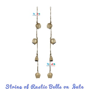 Wind Chime String of Rustic Cow Bells on Jute Rope, Garden Bells, Outdoor Front Door Gate Decoration, Door Hangers