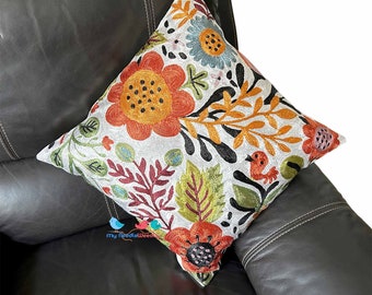 Taies d'oreillers au point de chaînette fleur orange, housses de coussin indiennes brodées en soie à la main