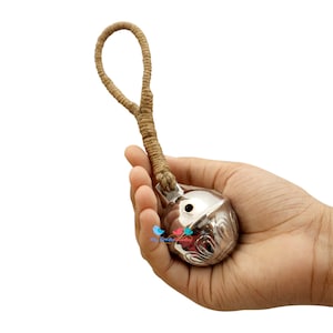Large Silver Sleigh Bells Door Hanger, Christmas bells in Vintage Wooden Box Gift Pack, Hiking Bells, Brass Gremlin Protection Bells