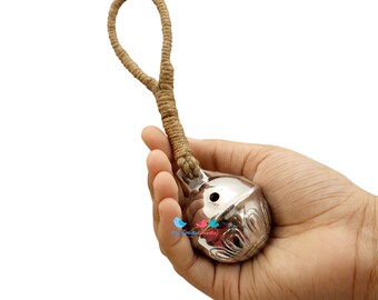 Large Silver Sleigh Bells Door Hanger, Brass Christmas bells in Vintage Wooden Gift Box