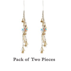 2 Gold Fairy Bells Door Hangers, Rustic Cone Triangular Hanging Bells on Jute Rope