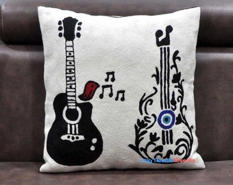 White Guitar cushion throw pillow covers, Wool Hand Embroidery, 18 X 18 inch, Decorative Musical Pillow, Home Decor, Gift for Him