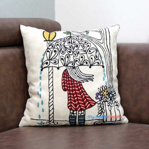 Embroidery Designs Daybed Cushion Cover, Hand Embroidered White Wool Throw Pillow Covers