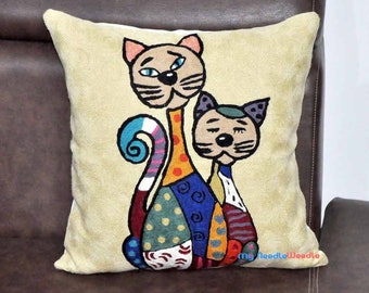 Cute Cats embroidery cushion covers pillow case -  Wool 18x18", Colorful Cushion Cover, Cat Decor gift