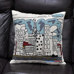 Almofadas decorativas bordadas brancas, capas de almofada, arte bordada, almofadas de sofá com paisagem urbana, assento de janela, sofá-cama, varanda, decoração de pátio