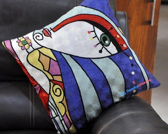 シルク刺繍入りクッションカバー、ブルー、正方形 18インチ×18インチ